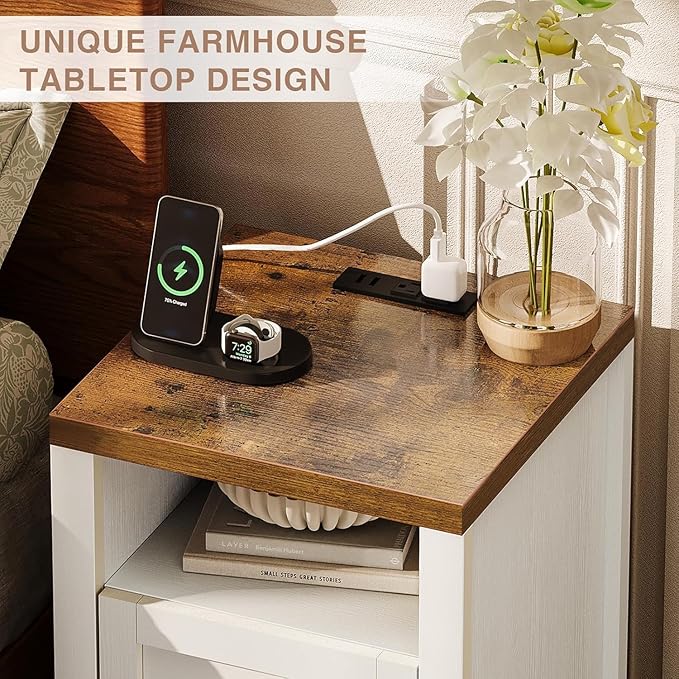Farmhouse Nightstand with Charging Station, Couch Side Table Set of 2, Bedside Table with Storage Space, End Tables with Barn Door, Bed Side Tables for Living Room and Bedroom, White