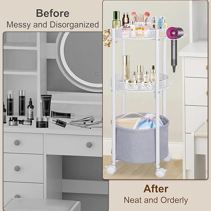 Rolling Makeup Cart Organizer with Removable Hair Dryer Holder, 3 Tier Round Floor Makeup Organizer with Wheels for Cosmetic, Perfume, Nail Polish, Small Space Bathroom Storage Cart, White
