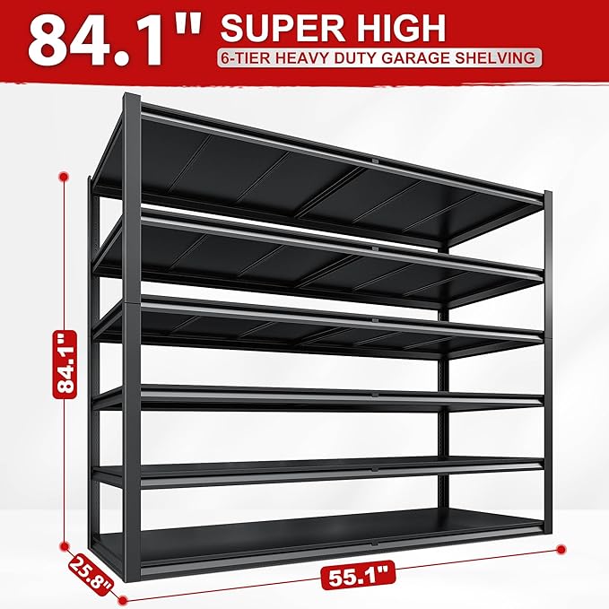 REIBII 84.1" H Garage Shelving, 3500LBS Storage Shelves Heavy Duty, Adjustable 6-Tier Metal Shelving for Commercial, Warehouse, Basement, Garage,Shop, 55.1" W x 25.8" D x 84.1" H