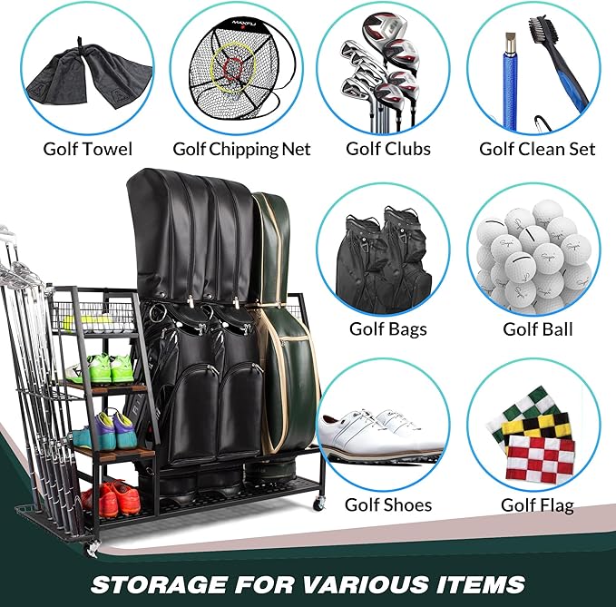 Golf Bags Storage Garage Organizer, Golf Bag Rack Fits 2/3 Golf Bags and Golf Equipment Accessories, Golf Club Storage Stand with Wooden Shelf and Lockable Wheels for Garage Indoor Basement