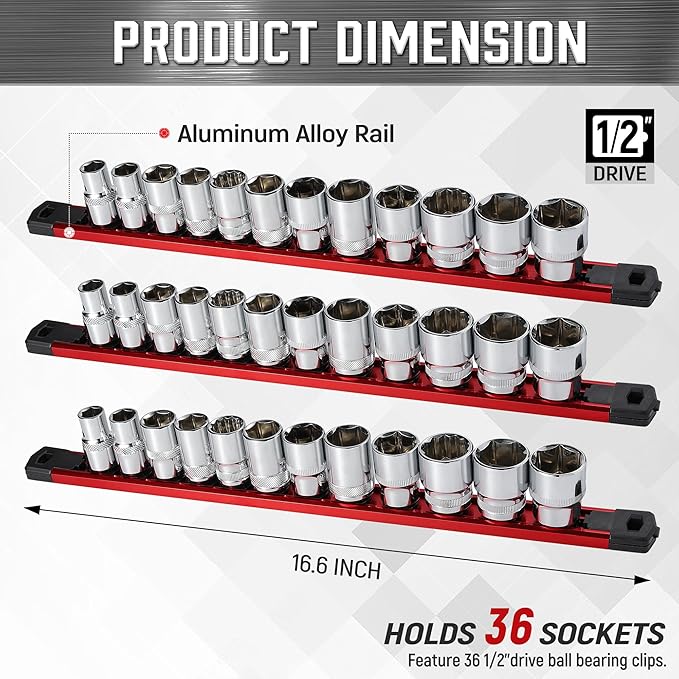 ALOANES 3-Piece Magnetic Socket Organizer, Heavy Duty Aluminum Socket Rails Organizer, 360° Swivel Clips Socket Holder Kit for Tool Box, 1/2-Inch Socket Holder x 36 Clips (Red)