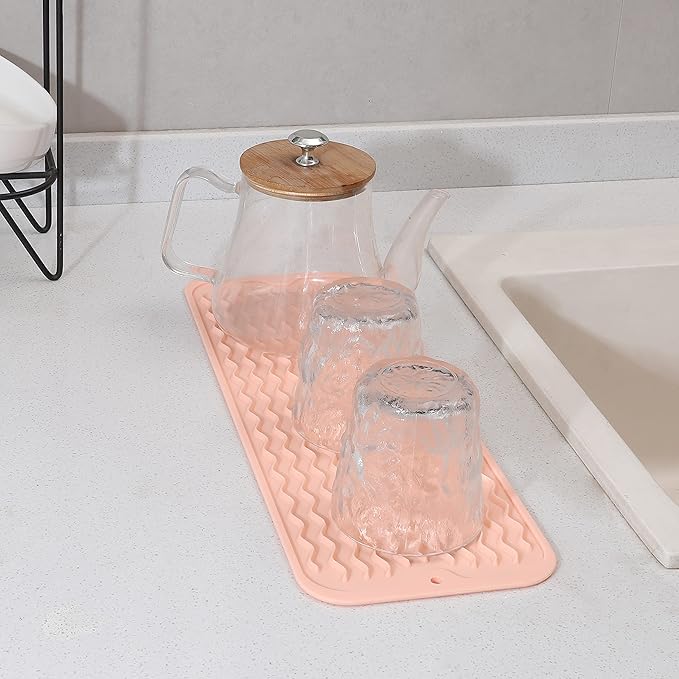 Silicone Dish Drying Mat for Multiple Usage,Easy clean,Eco-friendly,Heat-resistant Silicone Mat for Kitchen Counter,Sink,Bar,Bottle,or Cup Pink M 17 inches x 6 inches