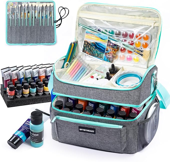 Acrylic Paint Organizer Bag with Washable Roll-Up Brush Holder, 2-Layer Art Supply Case, Large Craft Organizer with Foam Inserts for Apple Barrel, Shuttle Art, Caliart Art Supplies Storage Bag