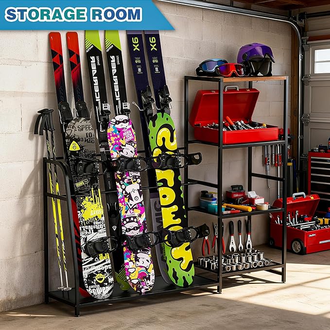 Ski-Snowboard Storage Rack Holder - Freestanding Ski Equipment Organizer Snowboard Boot Stand Garage Gear Storage