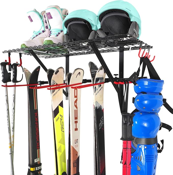 Mythinglogic Wall Mounted Ski Rack, Ski and Snowboard Storage Rack for Garage/Shed, Large Capacity Ski Equipment Holder with Top Shelf