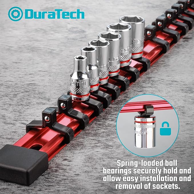 DURATECH Socket Organizer, 1/4-Inch Aluminum Alloy Socket Holder, Heavy Duty Socket Rail Hold 24 Sockets