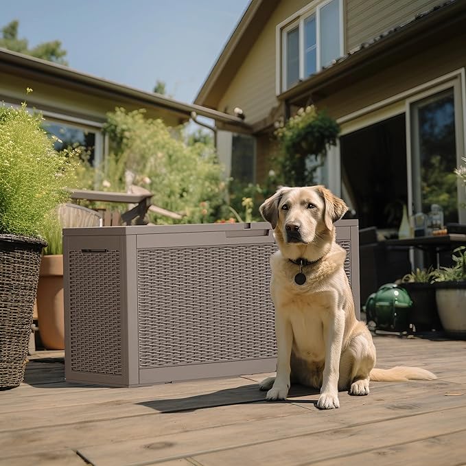 DRATO 320 Gallon Deck Box, Outdoor Large Waterproof Resin Storage Box with Lockable Lid for Patio Cushions, Gardening Tools（Gray，320 Gallon）