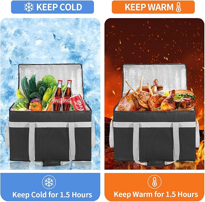 XXXL 2 Pack Insulated Food Delivery Bag with Removable Hard Bottom, Reusable Insulated Grocery Bag for Hot and Cold Food, Catering Cooler for Doordash,Warmers, Parties (Black)