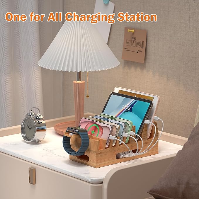 Pezin & Hulin Bamboo Charging Station Holder with 5 Port USB Charger, 5 x Charge Cables, Watch Stand, Wood Docking Stand Electronic Organizer for Multiple Devices, Phones, Tablets and More