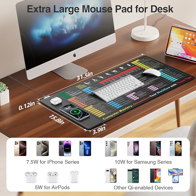 Excel Cheat Sheet Mouse Pad with Wireless Charging, 31.5"x15.8" Extended Excel Shortcuts Desk Pad, Waterproof Ultra-Smooth Keyboard Mat, Non-Slip Base