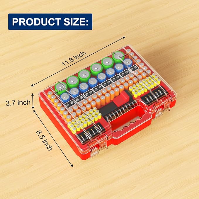 Battery Organizer Storage Holder Box Case with Tester, Stores & Protects Up to 260 Batteries, Double-Clear Locking Lid, Holds AA AAA C D and More (Not Includes Battery Pack) - Red