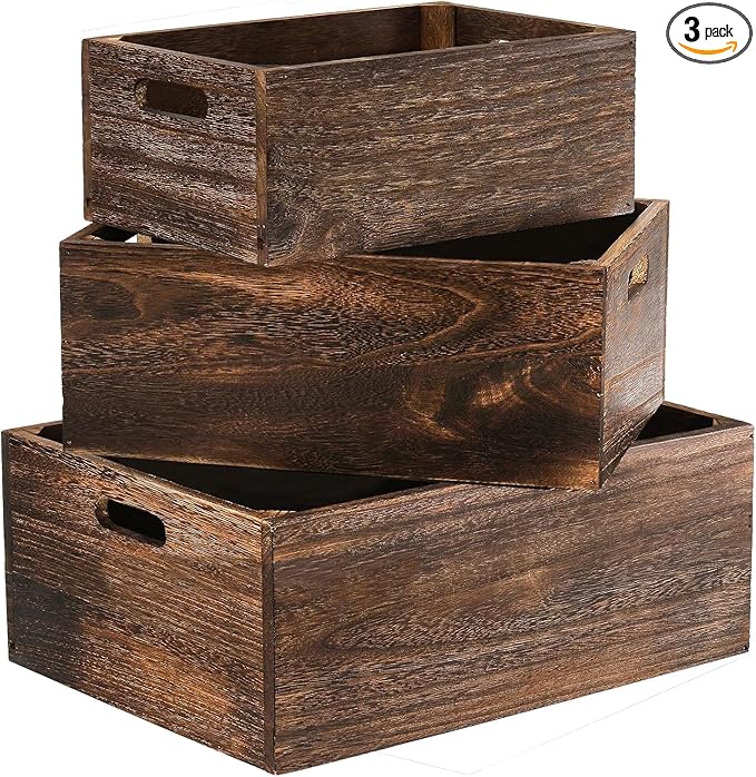 Set of 3 Wood Crate Box, Wood Nesting Storage Crates with Handle, Rustic Decorative Farmhouse Wooden Crates, Handmade Natural Solid Wooden Box for Closet Shelf and Kitchen Storage