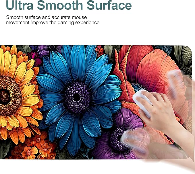 Flower Gaming Mouse Pad 31.5"x11.8"Desk Mat Anti-Slip Rubber Base & Durable Stitched Edges for Gamers Smooth Mouse Writing Surface for Desk Office/Home