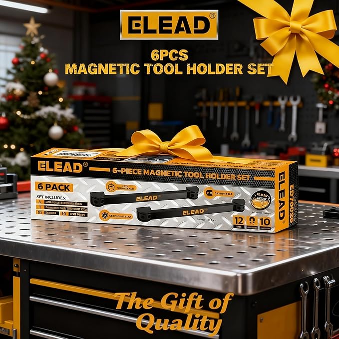 ELEAD 6-Piece 12" Magnetic Tool Holder Storage Organizer - Wall Mount Rack Garage Organization Power Magnet Hanger Workbench Board Slatwall Van Organizers Mounted Hanging Strip