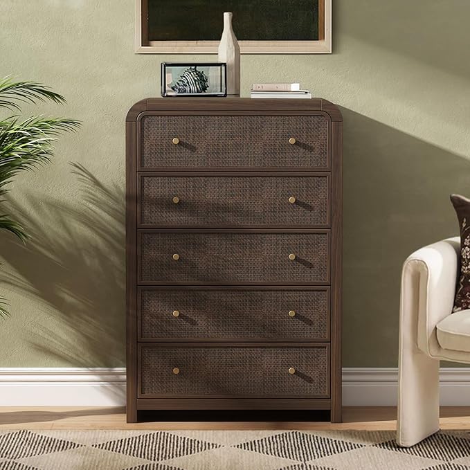 Oak&Sparrow 5 Drawer Tall Dresser for Bedroom, 47'' Rattan Dresser with Ample Storage, Boho Chest of Drawers, Thickened Curved Profile Design, Dark Walnut Dressers for Bedroom, Living Room