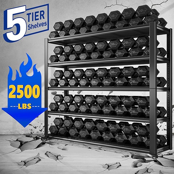 REIBII 48" W Garage Shelving 2500LBS Storage Shelves 5 Tier Heavy Duty Shelving Adjustable Garage Shelves for Warehouse, Pantry, Easy Assemble, 48.2''W X 72''H X18''D