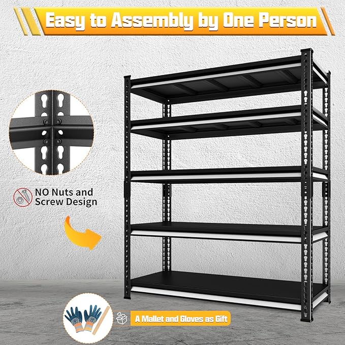 48" W Garage Storage Shelves Heavy Duty, 2800LBS Loads Adjustable Garage Shelving, 5-Tier Metal Shelving Units and Storage Racks, Industrial Utility Shelf,48" Wx18 Dx78 H, Black