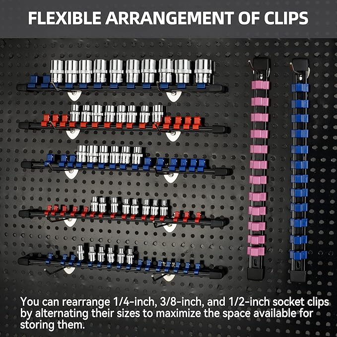 Socket Organizer Drive ABS Tools - Pink Socket Holder, Premium Quality 9 Pieces Socket Holders Kit 1/4-Inch x 48 Clips, 3/8-Inch x 45 Clips, 1/2-Inch x 36 Clips