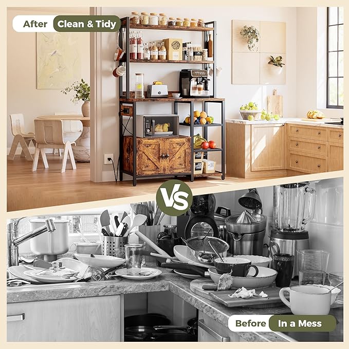 IRONCK Bakers Rack with Cabinet, Kitchen Bakers Rack with Power Outlets, Microwave Stand with Storage, Coffee Bar with 8 Metal Hooks