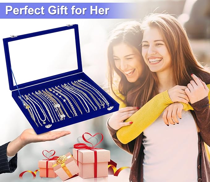 Jenseits Jewelry Display Box For Necklace Organizer, Velvet Necklace Storage Tray For Drawer, 20 Hooks Large Velvet Showcase Holder, Jewelry Organizer With Transparent Lid, Gifts For Her - Blue
