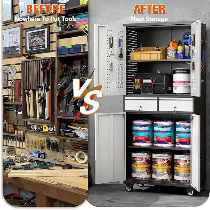 Aobabo Metal Storage Cabinet with Locking Doors and Pegboards, Steel Rolling Tool Storage Cabinet with 2 Drawer and 2 Adjustable Shelves for Garage, Kitchen, Office, Assembly Required, Black Grey