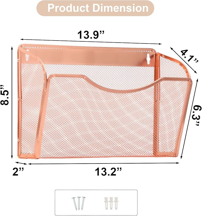 EASEPRES 3 Single Pocket Mesh Hanging File Organizer, Vertical Wall Mounted Magazine File Holder, Mount Basket Mail Paper Document Folder Organizing for Office, Home and School, Rose Gold
