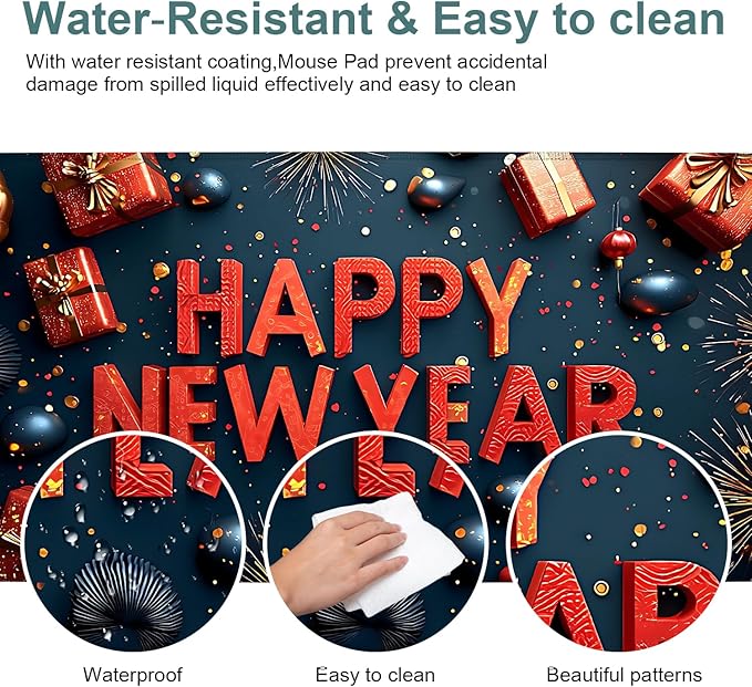 Happy New Year Gaming Mouse Pad 35.4"x15.7"Desk Mat Anti-Slip Rubber Base & Durable Stitched Edges for Gamers Smooth Mouse Writing Surface for Desk Office/Home