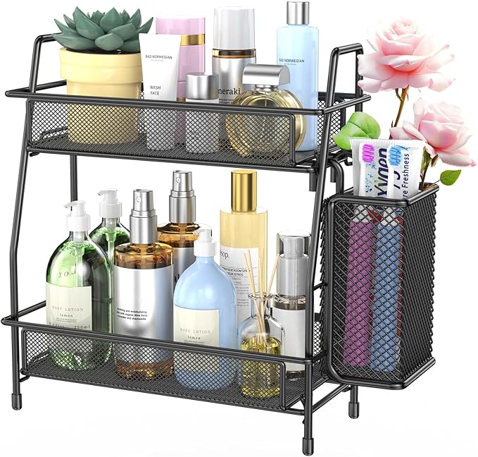 LEMIKKLE Countertop Organizer for Bathroom Counter, The Organizer for Bedroom, Spice Rack Organizer for Kitchen Counter Shelf with Small Basket(Black)