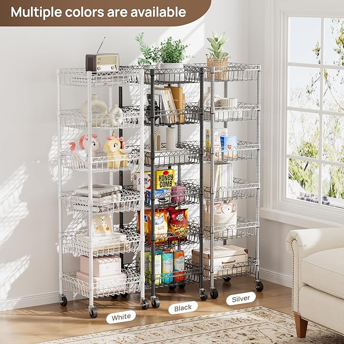 6 Shelves Storage Shelf Wire Closet Bathroom Organizers Metal Pantry Kitchen Garage Shelving Unit Laundry Room Organization Home Rack Net Basket Silver with Wheels 14" Dx14 Wx64.8 H