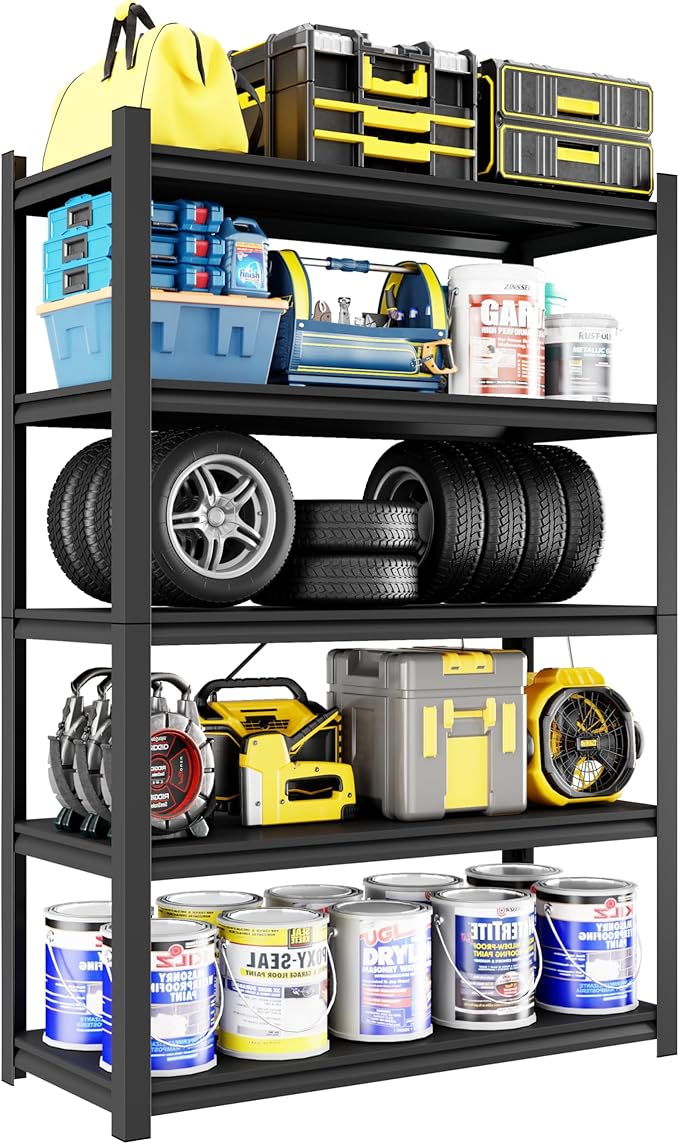 Metal Garage Shelving, Adjustable 5-Tier Heavy Duty Shelving, 3000 LBS Garage Shelving Unit and Storage，Heavy Duty Shelves for Basement,Warehouse，Kitchen (19.7" D*47.2" W*72" H)