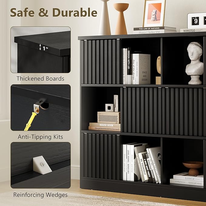iPormis 12 Cube Bookcase with 6 Fluted Sliding Doors, 3 Tier Wooden Bookshelf, 47.2” Freestanding Cube Storage Organizer for Living Room, Office, Bedroom, Semi-Open Bookshelves, Black