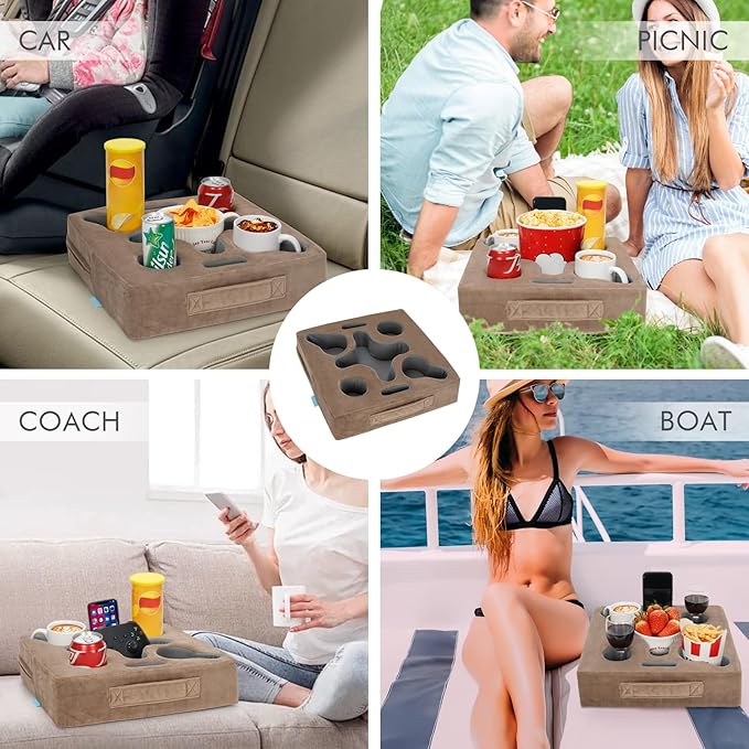 Couch Cup Holder-Sofa Cup Holder Pillow Tray Caddy Cupholder Hearted for Bed, Rv, Tv, Car, Man Cave, Backseat for Remote, Drinks, Snacks (Square-Lightbrown)