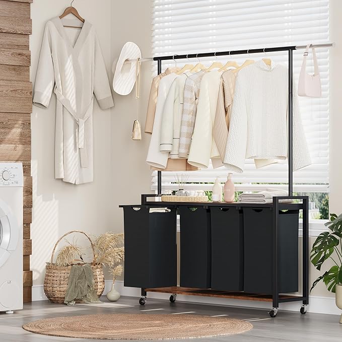 GarveeHome Rolling Laundry Cart with Hanging Rack & Utility Shelf | 4-Section Laundry Sorter Hamper with Lockable Wheels | Laundry Basket Organizer for Laundry Room, Bedroom, Bathroom | Black