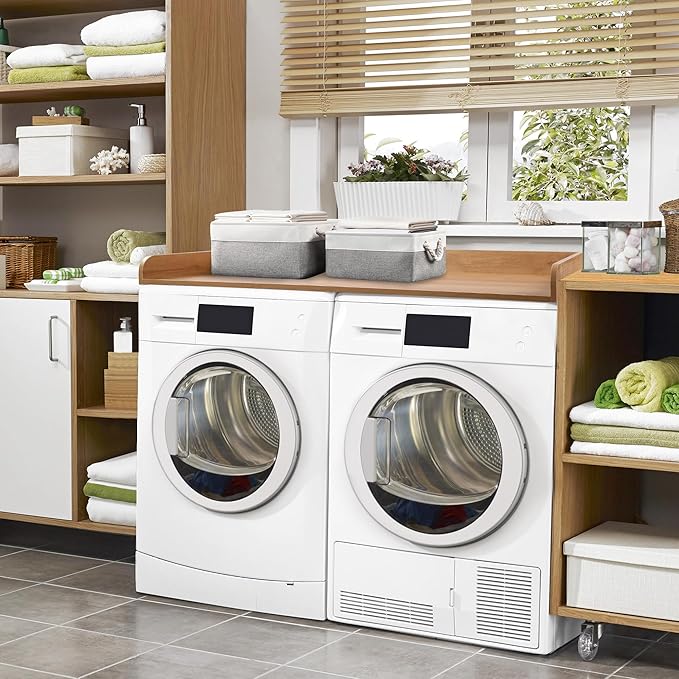 Washer Dryer Countertop with 2 Pack Storage Baskets, Wood Washer and Dryer Countertop with Non-Slip Pads/Edge Rails for Laundry Room Storage and Organization, 27.5" W x 54" L(Dark Woodcolor)