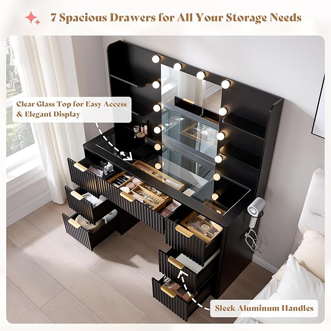 AMERLIFE 47.2" Fluted Vanity Desk with Mirror and Adjustable LED Lights, Large 7 Drawers Makeup Table with Glass Top and Charging Station for Women and Girls, Bedroom or Dorm, Black