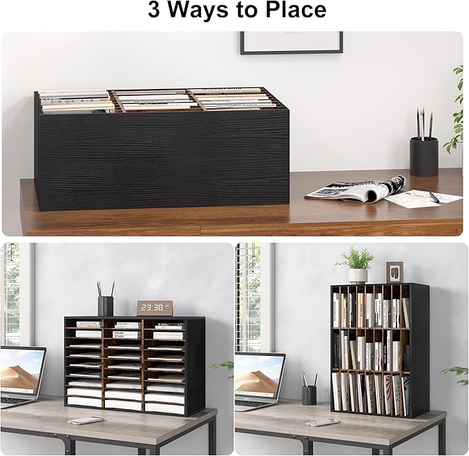 Literature Organizer 27 Slots Wooden Mailboxes for Classroom Office Mail Organizer Countertop Vertical File Sorter with Adjustable Shelves Heavy Duty Office Mailbox Cubbies, Black/Rustic Brown