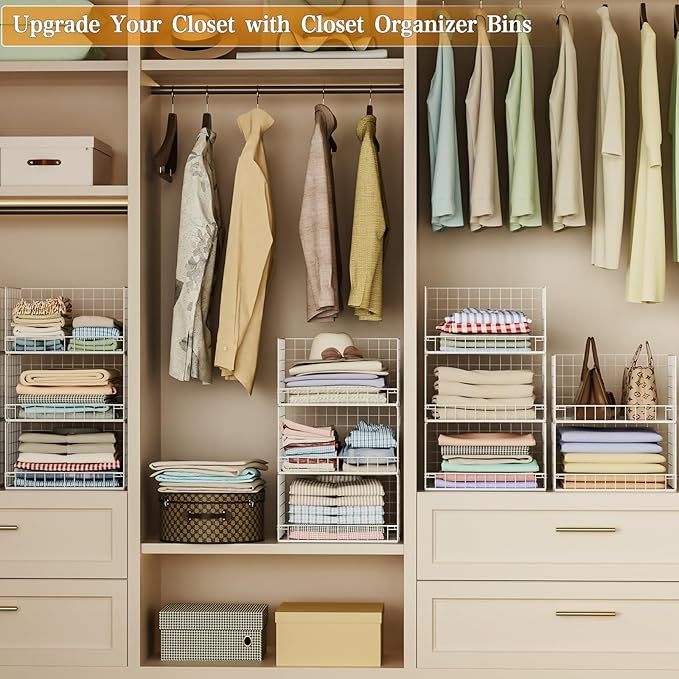 Closet Organizers and Storage Basket- 3-Tier Stackable Storage Bins, Foldable Closet Shelf Organizer Basket, Stackable Clothes Organizers Shelves for Home Organizer System