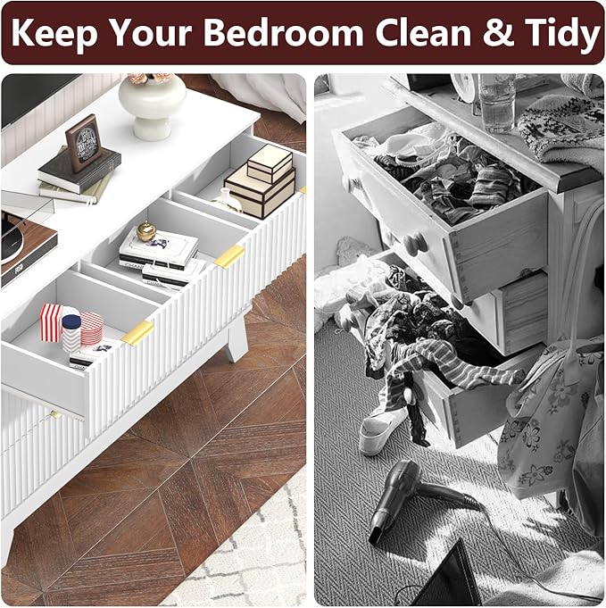 Fluted Dresser for Bedroom,7 Drawer Dresser for Closet,Storage Cabinet and Chest of Drawers with Gold Handle,TV Stand,Storage Organizer for Living Room,Hallway,Entryway,White