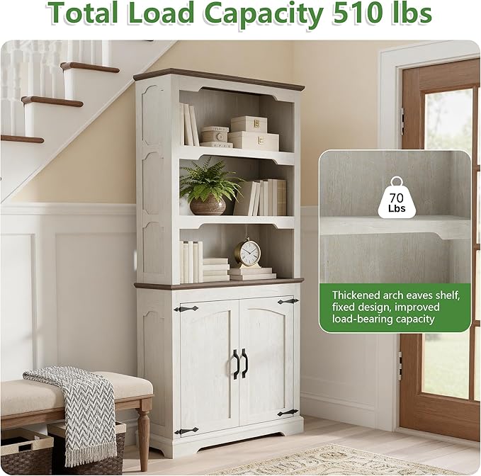 70 Inch Farmhouse Bookcase, Distressed White and Walnut Two-Tone Shelves, 5 Tier Bookshelf with Arched Trim Doors, Living Room Storage Cabinet Unit, 31.5x11.8 Inches (Off White&Walnut, Doors Storage)