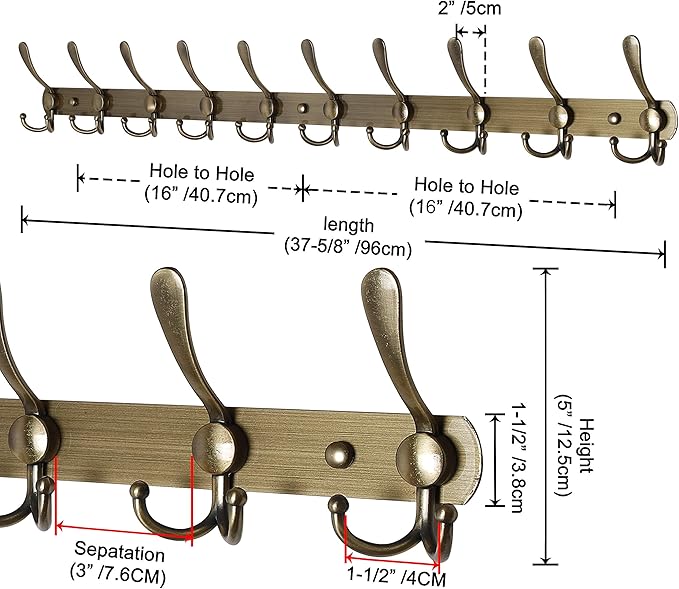 Dseap Coat Rack Wall Mount - 38” Long 10-Tri-Hooks Heavy Duty Coat Hanger Rail Wall Hooks for Hanging Coats Hats Clothing Clothes Purse Mudroom Entryway, Bronze, Pack of 2