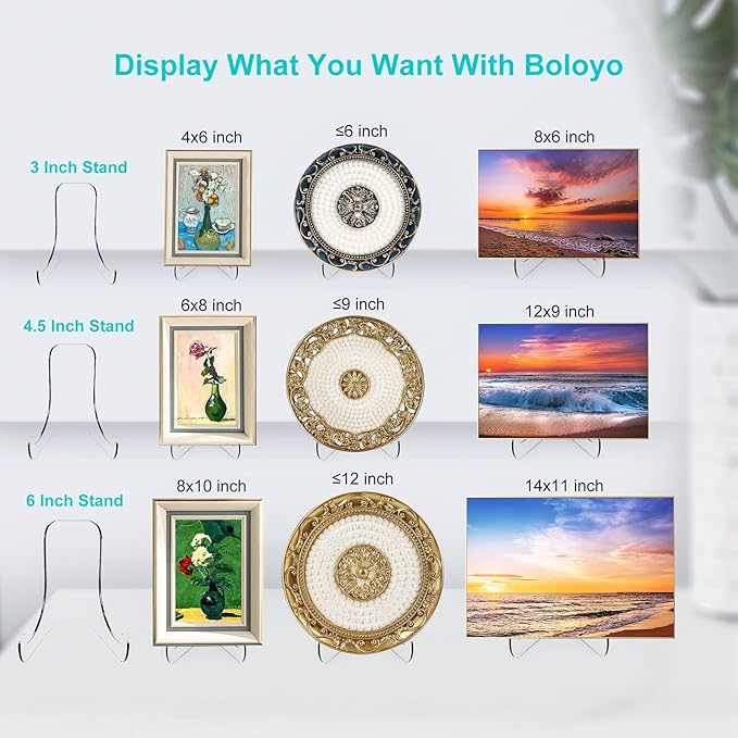 Boloyo Flat Back Acrylic Plate Display Stand , 6 Inch 5PC Clear Acrylic Display Holder Easel Base for Home Office Kitchen School Art Display