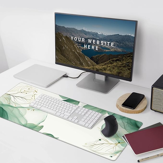 Watercolor Green Leaves Large Mouse Pad, Vintage Aesthetic Gaming Desk Mat, XXL Keyboard Desk Pad Mat for Desktop, 35.4"x15.7" Non-Slip Base Big Mousepad with Stitched Edges