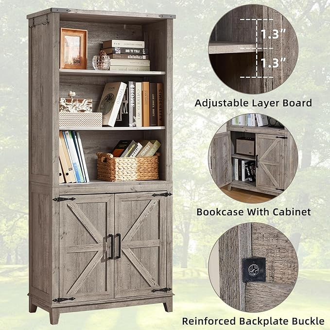 70in Tall Bookshelf 5 Tier Bookcase with Barn Doors and Adjustable Shelves, Grey Farmhouse Book Shelf with Storage Cabinet, Wood Freestanding Display Bookshelves for Bedroom, Kitchen (2 PCS)