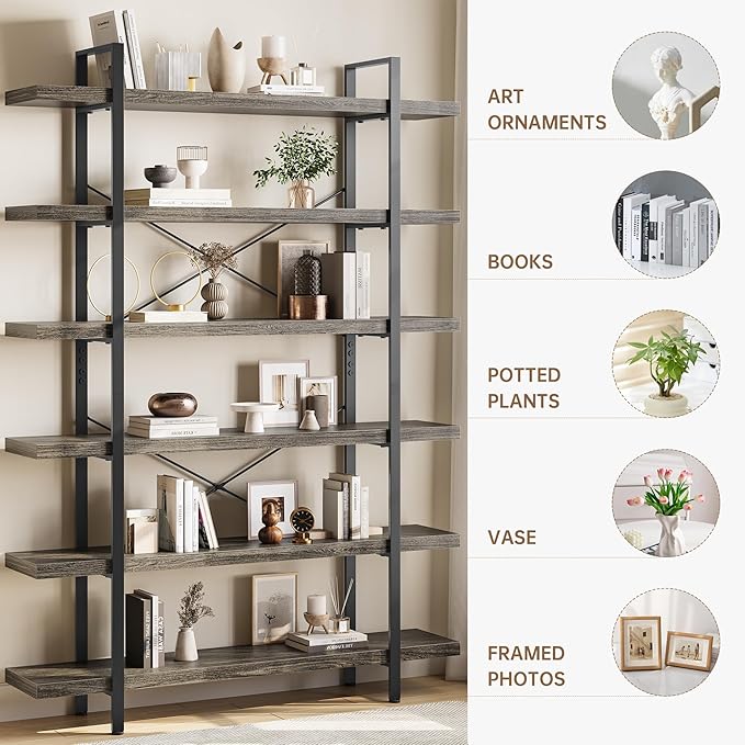 Heavy Duty 6-Tier Industrial Bookcase, 47" Wide Wood Bookshelf for Home Office, 120lbs Shelf Capacity, Rustic Open Shelving Display with Reinforced Horizontal Shelf for Living Room Bedroom, Grey