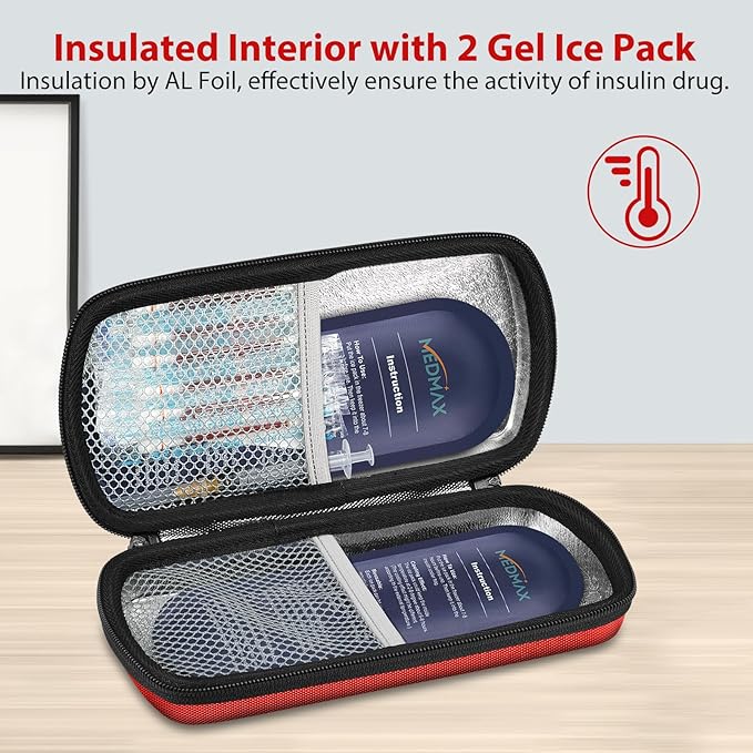 Hard Shell Insulin Cooler Travel Case with 2 Ice Pack, Shock Absorption Insulated Diabetic Medication Organizer Carrying Bag with Extra Pouch for Insulin Pen and Other Diabetic Supplies, Red