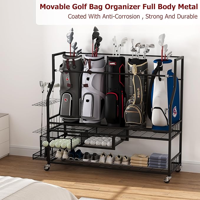 Garvee 4-5 Bags Stand Golf Organizer Rack with Wheels-Large Golf Bag Storage Organizer for Garage,Golfs Club and Home