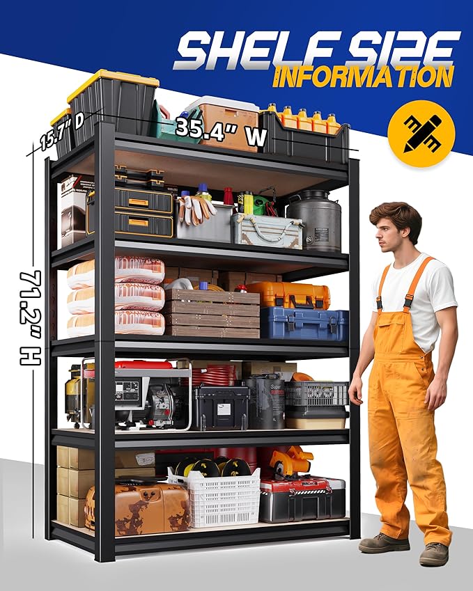 71" H Garage Shelving, 5-Tier Heavy Duty Storage Shelves, Adjustable Metal Shelving Unit, Functionality Garage Storage Shelf, for Basement, Pantry, Kitchen, Warehouse,15.7" Dx35.4 Wx71.2 H