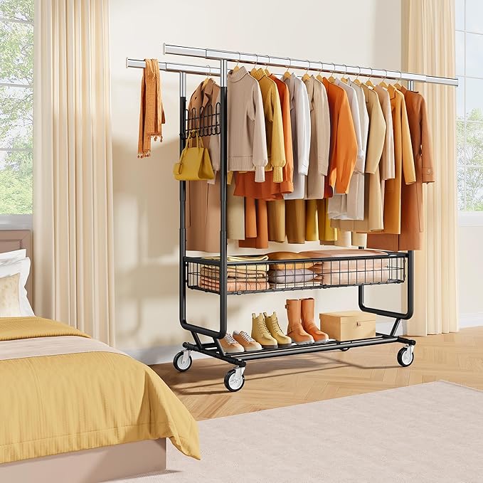 Heavy Duty Clothes Rack with Metal Basket, 720 LBS Rolling Double Rod Garment Rack, Portable Extendable Clothing Rack with Wheel for Bedroom, Laundry Room & Retail Store
