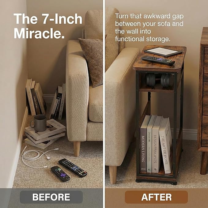 Narrow Side Table,3-Tier Slim End Table with Storage Shelf,Modern Sofa Table Thin Side Table for Narrow and Small Spaces, Skinny Bedside Table Small Nightstand with Magazine Rack Space Saving/Brown