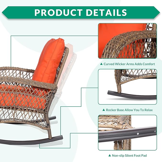 VIVIJASON Outdoor Wicker Rocking Chair, Patio Rattan Rocker Chair with Cushions & Steel Frame, All-Weather Rocking Lawn Wicker Furniture for Garden Backyard Porch (Orange)